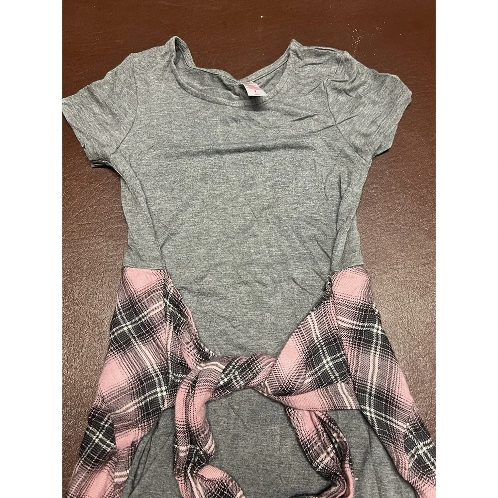 Justice Grey‎ w/ Faux Pink Black Flannel Shirt Tie Dress Sz. 7